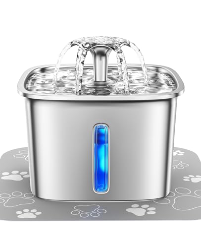 Veken Innovation Award Winner Stainless Steel Cat Water Fountain, 95oz/2.8L Automatic Pet Fountain Dog Water Dispenser with Replacement Filters & Silicone Mat for Cats, Dogs, Multiple Pets (Silver)