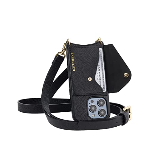 Bandolier Hailey Crossbody Phone Case and Wallet - Black Leather with Gold Detail - Compatible with iPhone 14 Pro