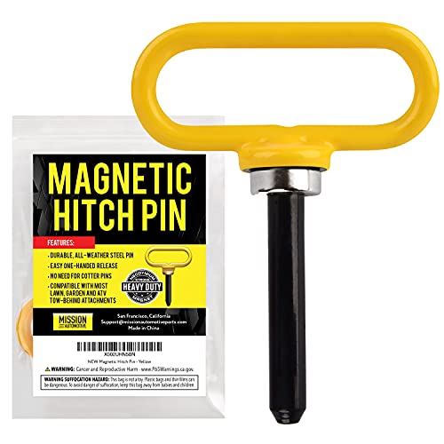 Yellow Magnetic Hitch Pin - Lawn Mower Trailer Hitch Pins - Ultra Strong Neodymium Magnet Trailer Gate Pin for Simple One Handed Hook On & Off - Securely Hitch Lawn & Tow Behind Attachments