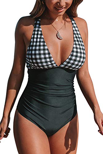 CUPSHE Women's One Piece Swimsuit Gingham Print Tummy Control Cross Back Vintage Swimwear Bathing Suits Black L