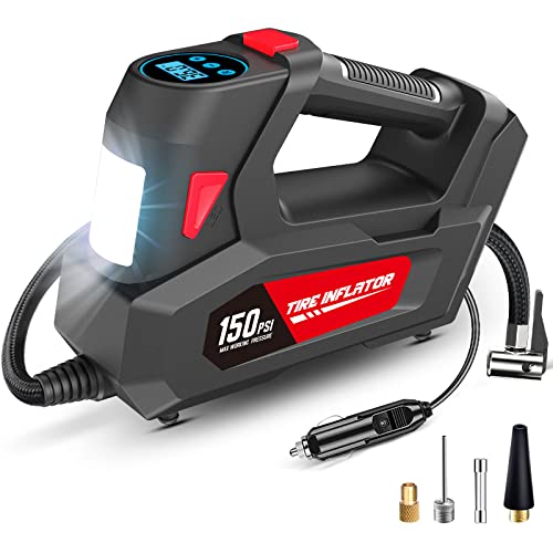 Air Compressor Tire Inflator Portable Air Pump DC 12V Auto Tire Pump with Digital Pressure Gauge,150PSI with Emergency LED Light for Car Tires, Motorcycle, Bicycle and Other Inflatables