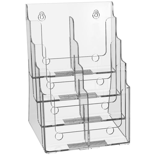 Acrylic Brochure Holder, 4 Tier Brochure Holder 8.5 x 11 Inches, Magazine Holder, Flyer Holder, Literature and Pamphlet Holder, Brochure Display Stand with Removable Divider, Use for 4 x 9 or 8.5 x 11 Inch, Trifold Holder Stand on Desk or Wall Mount(1 Pack)