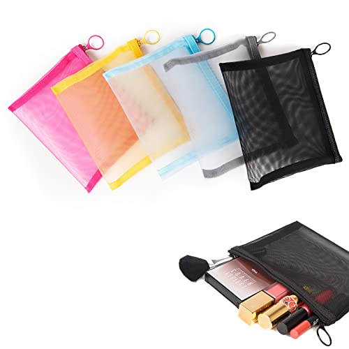 Patu Zipper Mesh Bags, Size M / A6, 5 Pieces, Beauty Makeup Cosmetic Accessories Organizer, Travel Toiletry Kit Set Storage Pouch, Assorted Colors