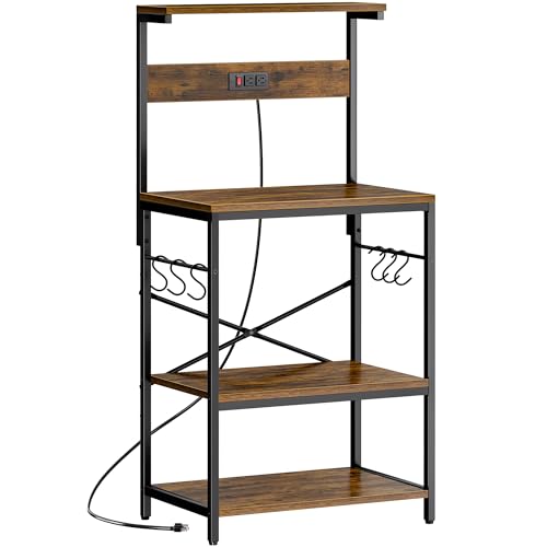 SUPERJARE Kitchen Bakers Rack with Power Outlet, Coffee Bar Table 4 Tiers, Kitchen Microwave Stand with 6 S-shaped Hooks, Kitchen Storage Shelf Rack for Spices, Pots and Pans - Rustic Brown