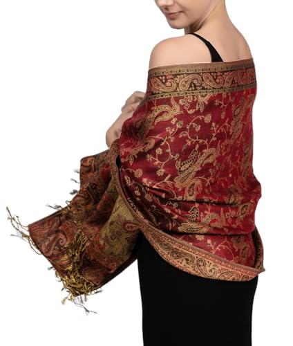Achillea Soft Silky Reversible Paisley Pashmina Shawl Wrap Scarf w/Fringes (Burgundy)