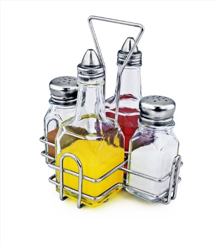 New Star Foodservice 531919 Holder with 2 Square Salt and Pepper Shakers and 2 Oil and Vinegar Cruets