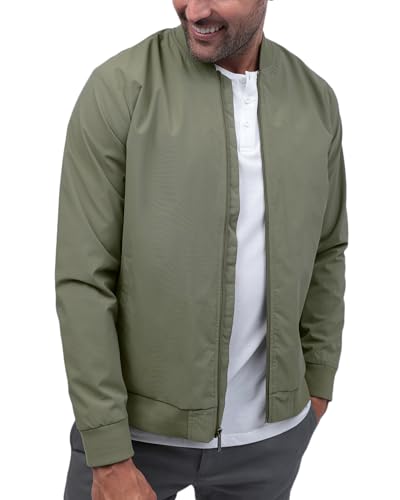 INTO THE AM Bomber Jacket - Lightweight Slim Fit Windbreaker Jacket with Pockets for Men (Olive Green, Large)