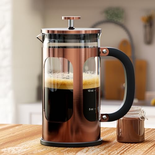 BAYKA 21 Ounce French Press Coffee Tea Maker Small, Stainless Steel Coffee Press Single Serve, Heat Resistant Thickened Borosilicate Glass, Copper 0.6 Liter
