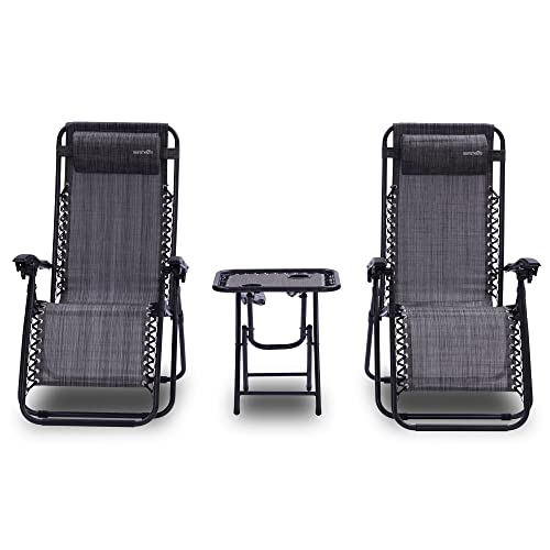 SereneLife Zero Gravity Chairs Set of 2 - Adjustable Mesh Lawn Chairs - Outdoor Lounge Chairs with Side Table 2 Cup Holders - Foldable Outdoor Chair with Removable Pillows - Navy Blue