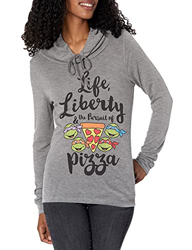 Fifth Sun Junior's Women's Cowl Neck Sweater, Gray Heather // Life Liberty Pursuit of Pizza, x-Large
