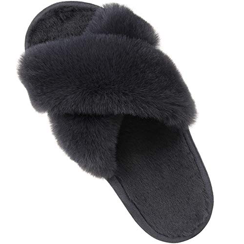 Comwarm Women's Cross Band Fuzzy Slippers Fluffy Open Toe House Slippers Cozy Plush Bedroom Shoes Indoor Outdoor, Dark Grey Size 8.5-9.5