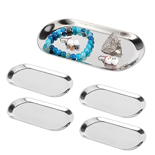 HERCHR 5 Pcs Stainless Steel Jewelry Trays, Metal Storage Plate Towel Dish Cosmetics Container Oval Shaped for Hold Fruit Tea for Vanity Bathroom Closets (Sliver)