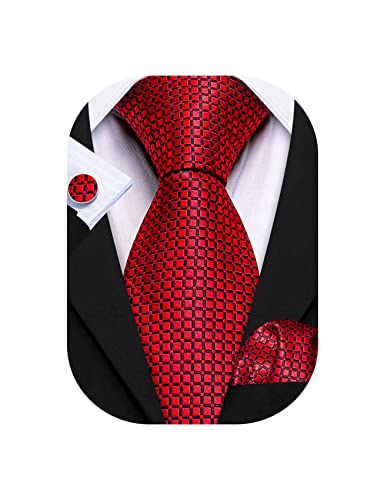 Barry.Wang Solid Fromal Red Man Tie Set Plaid Woven Elegant Pocket Square Necktie Cufflinks Engagement Office