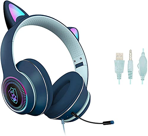 VIGROS Cat Ear Gaming Headset with Mic RGB LED Light, Flashing Glowing Stereo Headphones, 7.1 Stereo Sound Surround Over-Ear Headset for PC, PS4, PS5, Nintendo Switch,Mobile(Navy Blue)