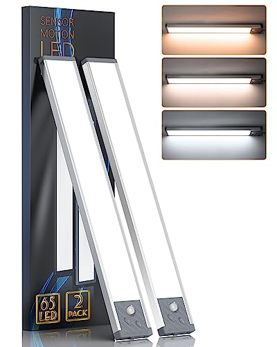 65 LED Under Cabinet Lighting 2 Packs, 3 Color Temperatures Dimmable Motion Sensor Closet Lights, 2500mAh Rechargeable Under Counter Lights, Wireless Lights for Drawer, Wardrobe, Kitchen, Hallway