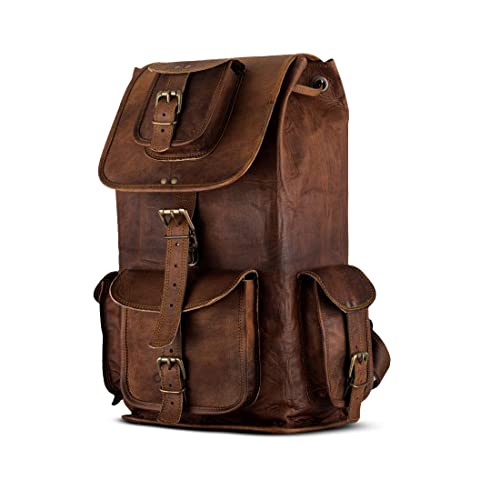 PARRYS LEATHER WORLD Handmade Brown Vintage 100% Genuine Distressed Full Grain leather Laptop Rucksack Daypack Knapsack Travel Hiking Campaign Bag For Men & Women (24')