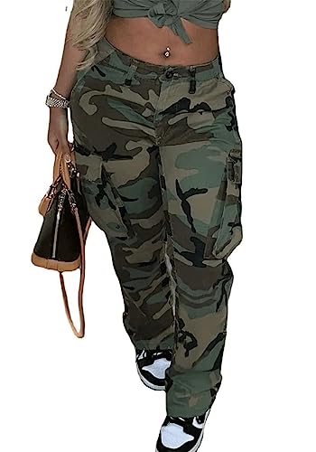 Vakkest Womens Camo Cargo Pants Casual Streetwear BF Outdoor High Waisted Baggy Jogger Workout Sweatpants