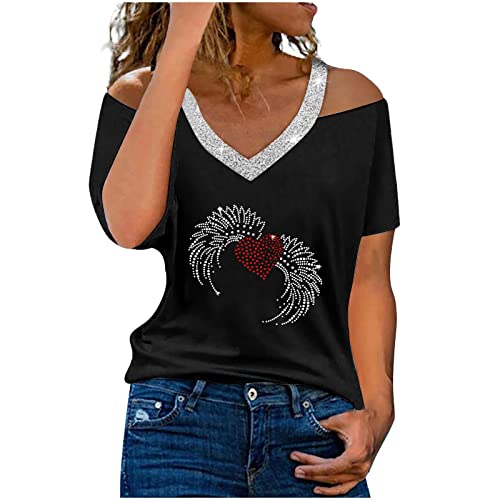 Wirziis Skull Rhinestones Cold Shoulder Tops Women - Sexy Halter V Neck Sequin Tshirt Loose Fit Blouses Summer Cute Tee Tops