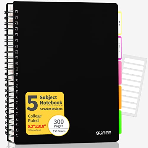 SUNEE 5 Subject Notebook College Ruled - 300 Pages, 8.2'x10.8', 5 Pocket Colored Dividers, 3-Hole Punched Paper