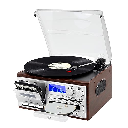 MUSITREND Record Player 9 in 1 3 Speed Bluetooth Vintage Turntable CD Cassette Vinyl Player AM/FM Radio USB/SD Encoding Aux-in RCA Line-Out (Silver)