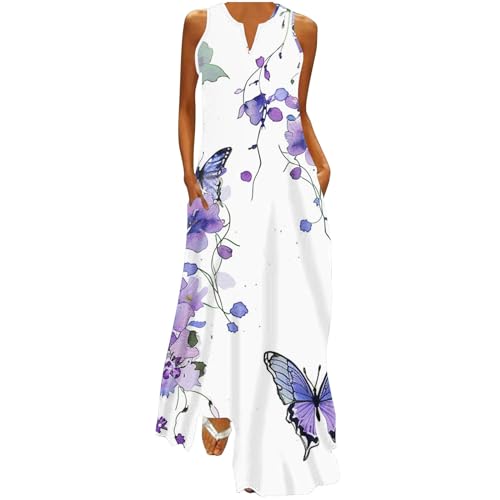 Maxi Dresses for Women 2024 Floral Printed Beach Sleeveless Summer Sun Dress V Neck Flowy Casual Long Dress Tropical Dresses Large A119 White