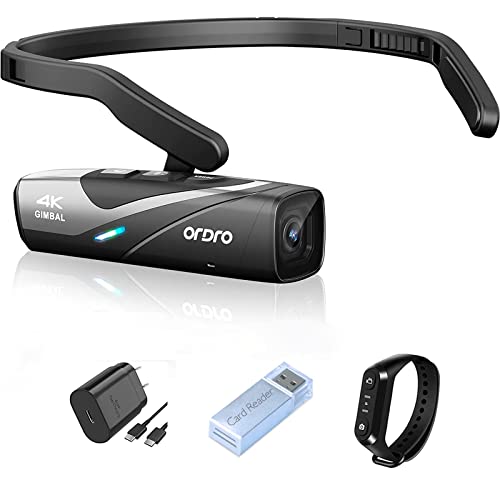 ORDRO EP8 4K Camcorder 60FPS Vlog Hands Free Wearable Camera, Head-Mounted Video Camera for Vlog, Auto Focus, Wi-Fi APP Control, 2-Axis Gimbal Stabilizer with Fast Charger & Remote Control
