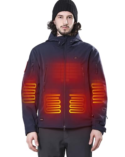 DEWBU Heated Jacket for Men with 12V Battery Pack Winter Outdoor Soft Shell Electric Heating Coat, Men's Dark Blue, M