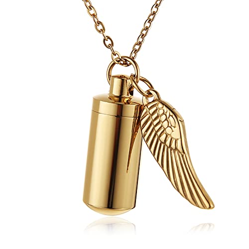 STWTR Stainless Steel Cylindrical Souvenir Capsule Pill Pendant Necklace, Cremated Ashes Pill Container Necklace (Gold-A)