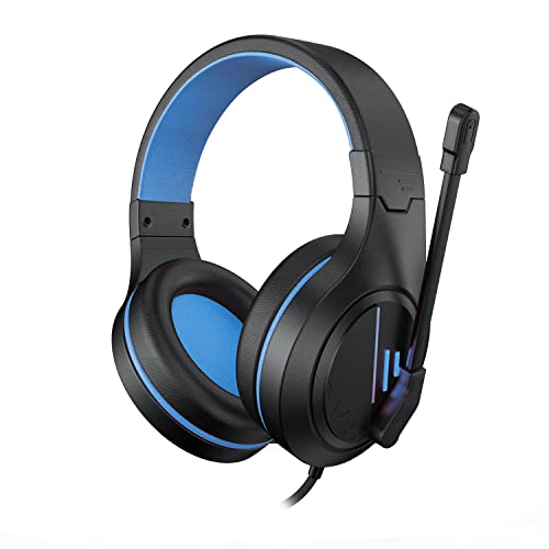Emonoo 601 Gaming Headset for PS4 PS5 Xbox Switch, Wired Over-Ear Headphones with Adjustable Active Noise Cancelling Mic for PC & MAC, Blue