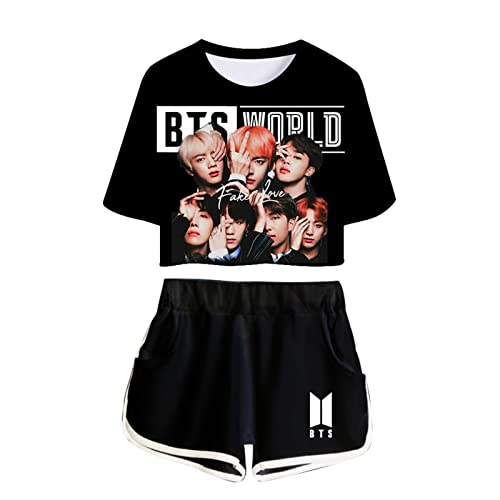 Ewdmpp Women's Short Set Girls Shirt and Shorts Set Kpop Fans 2 Pieces Sport Tee Suit 2-Small