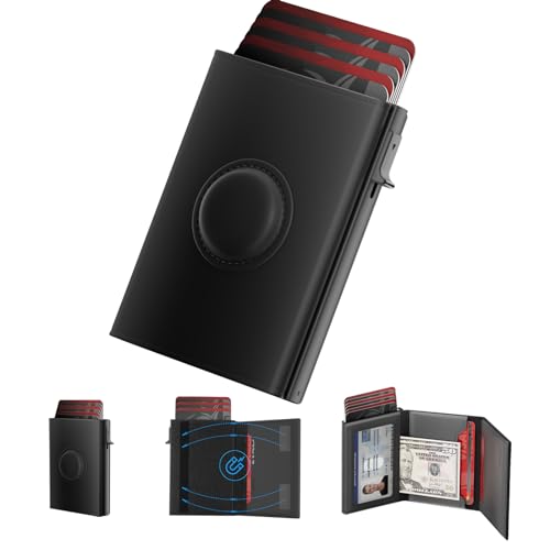 Mens Wallet Card Holder for AirTag: Smart Wallet Compatible with Apple Air Tag, Pop Up Card Case, Top Grain Leather, RFID Blocking, Slim, Minimalist, 9-14 Card Capacity | ID Window | Cash Slot (Black)