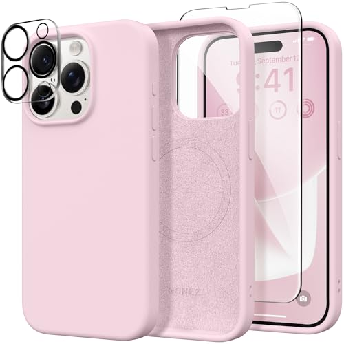 GONEZ for iPhone 15 Pro Max Case Silicone, Compatible with Magsafe, 2X Camera Protector + 2X Screen Protector, Soft Anti-Scratch Microfiber Lining, Liquid Silicone Shockproof Phone Cover, Hot Pink