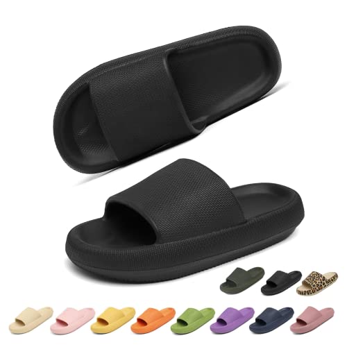 Geweo Cloud Slippers for Women Men Pillow Slippers Thicken Sole Cloud Cushion Slides Super Comfy Soft Foam House Slides Non Slip Shower Sandals Platform Black Slides Unisex 5-6Women/4-5Men