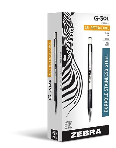 Zebra Pen G-301 Retractable Gel Ink Pen, Stainless Steel Barrel, Medium Point, 0.7mm, Black Ink, 12-Pack