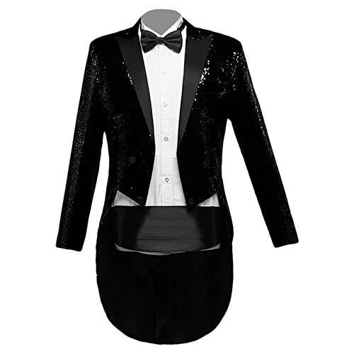 Men Sequined Tuxedo Nightclub Magic Show Swallowtail Dinner Party Wedding Blazer Jacket Tailcoat Show Tux Coat (Black,Large)