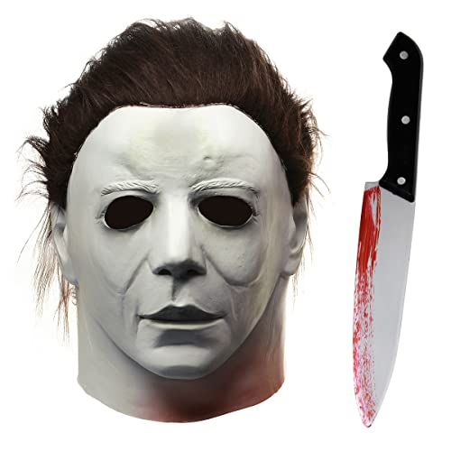 HugOutdoor Halloween Scary Michael Myers Masks with Pocket Knife Masquerade Cosplay Latex Full Head Mask Costume Accessories for Adults (A)