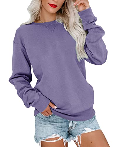 Bingerlily Womens Casual Long Sleeve Sweatshirt Crew Neck Cute Pullover Relaxed Fit Tops (Light Purple, Large)