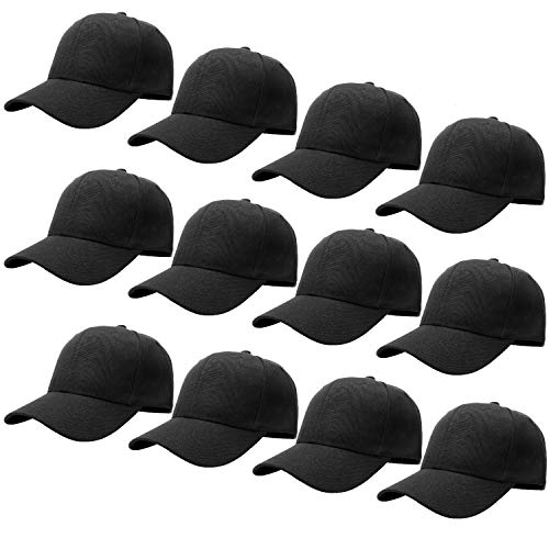 Wholesale Lot 12-Pack Baseball Cap Adjustable Size Plain Blank Solid Color (12pk Black)