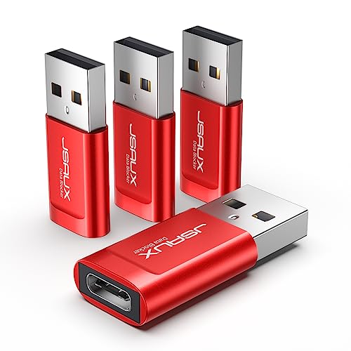JSAUX USB-C Data Blocker, (4-Pack) USB-A to USB-C Female Defender Only for Quick Charge, Protect Against Juice Jacking, Refuse Hacking Provide Safe Charging- Red