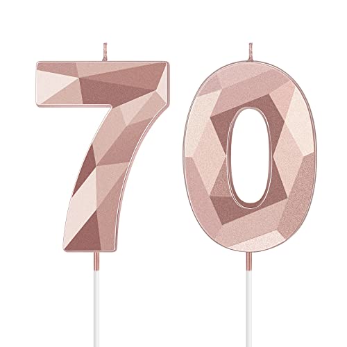 70th Birthday Candles, 3D Diamond Shape Number 70 Candles Happy Birthday Cake Topper Numeral Candles for Birthday Wedding Decoration Reunions Theme Party (Rose Gold)