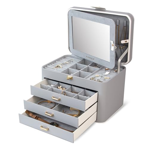 KAMIER Jewelry Organizer Box,4-Layer Jewelry Box for Women with Lock and Mirror, Jewelry Storage Box for Earrings Bracelets Rings Necklaces.Grey