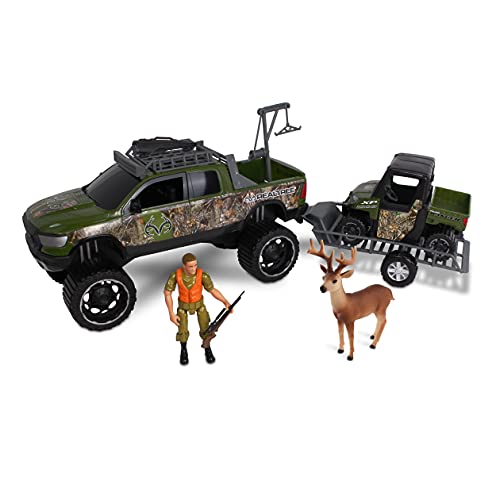 NKOK Realtree 1/18 Scale Free-Wheel Playsets 9-PC Set, RT Ram 1500 Rebel Polaris Ranger on Trailer & Accessories playset (Game Hoist, Roof Rack, Roll Bar, Buck, Hunter, Rifle, Rifle Case), Multi