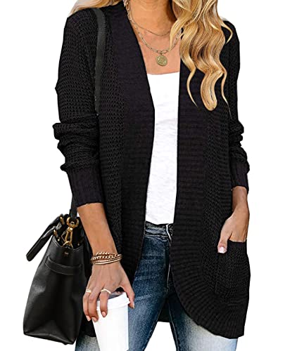 MEROKEETY Womens 2023 Fall Long Sleeve Open Front Cardigans Chunky Knit Draped Sweaters Outwear Black
