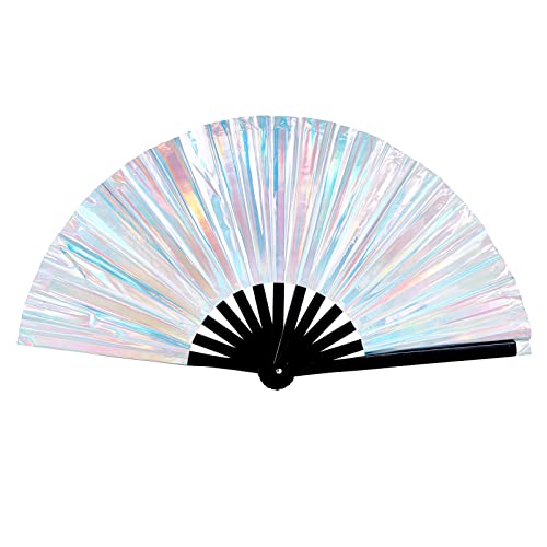 AMIJOUX Large Folding Hand Fan, Holographic Rave Fan, Laser Liquid Shockwave Fluid Iridescent Fan Festival Hand Fan for Party, Women Men Festival Clothing Rave Accessories