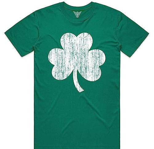 GunShowTees Distressed Shamrock Retro Irish Four Leaf Clover Shirt, Small, Kelly Green