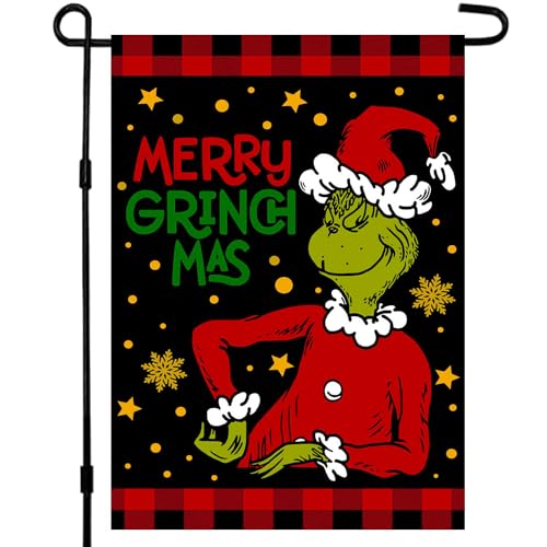 Christmas Garden Flag Double Sided 12×18 Inch, Merry Grinchmas Winter Rustic Quote House Yard Flag Xmas, Outside Holiday Yard Decorations Grin-ch Outdoor Flag