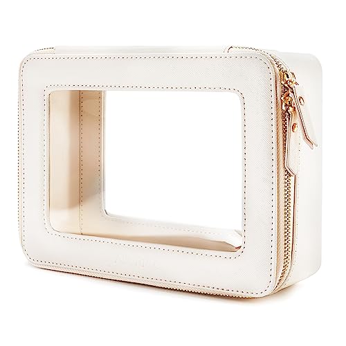 Makeup Bag for Women, Clear Cosmetic Bags Travel Toiletry Bag, Heavy Duty Makeup Organizer, Cute Makeup Case Bag Accessories with Clear Windows & Gold Zippers(White)