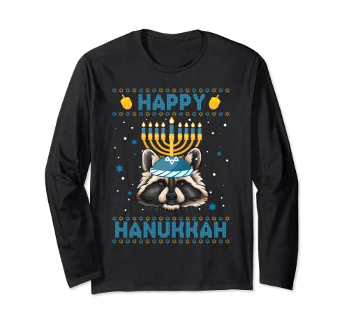 Happy Hanukkah Raccoon Hanukkah Ugly Sweater Christmas Long Sleeve T-Shirt