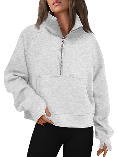 AUTOMET Womens Sweatshirts Half Zip Cropped Pullover Quarter Oversized Hoodies 2023 Fall Fashion Outfits Sweaters Winter Clothes Grey