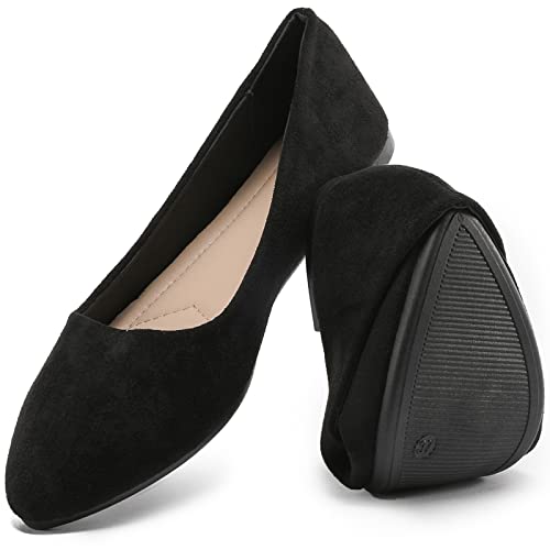 HEAWISH Women’s Black Flats Shoes Comfortable Suede Pointed Toe Slip On Casual Ballet Flats Dress Shoes Nude Flats(Black, US8)